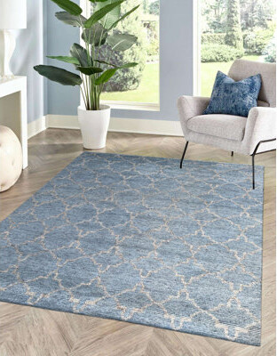 Rugs On Net Blue Hand-Knotted Wool Lattice Diamond Geometric Modern Contemporary Carpet Rug
