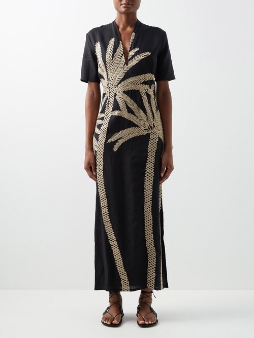 Emporio Sirenuse Fiona Palmembroidered Linen Maxi Dress Black Multi