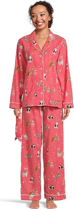 P.J. Salvage Flannel PJ Set with Headband Women's Pajama Sets Dark Coral Champagne Cats : SM (US 4), Cotton/Flannel