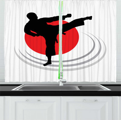 2 Piece Kung Fu Karate Kicking Man Silhouette on Japanese Flag inspired Backdrop Kitchen Curtain Set