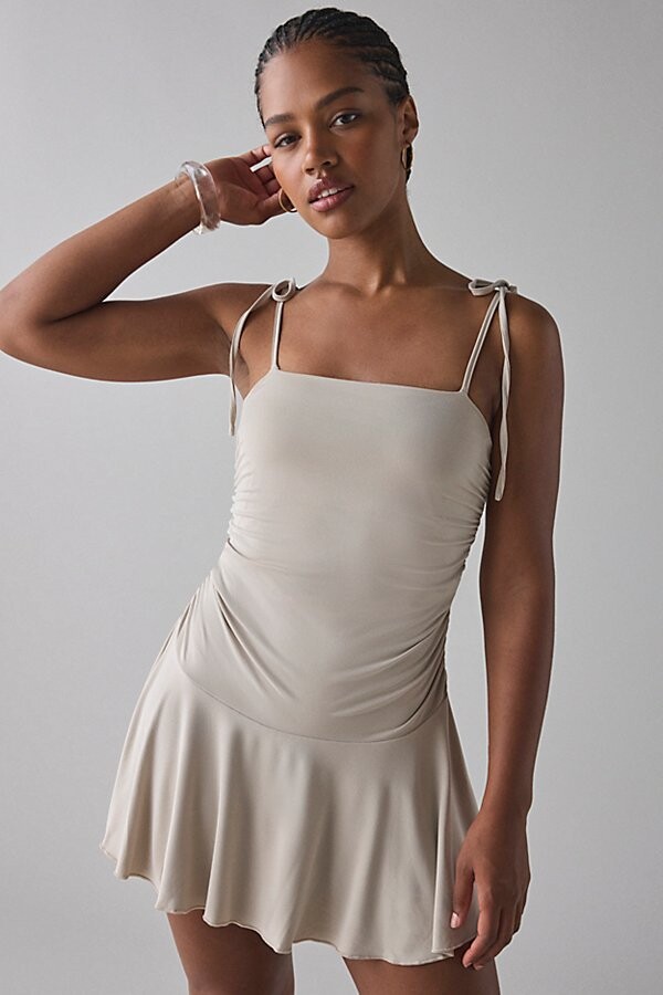 Motel Makani Ruched Drop Waist Mini Dress in Oatmilk