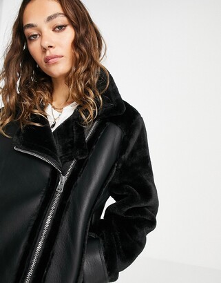 Topshop faux leather fur trim biker jacket in black - ShopStyle