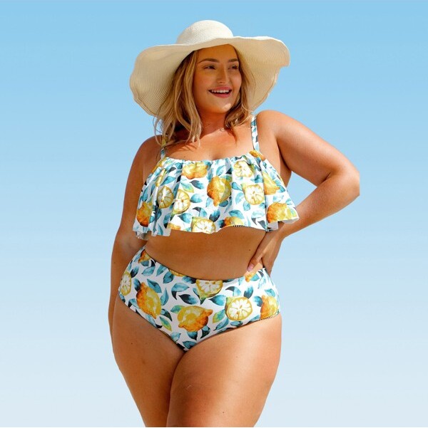 CUPSHE Women's Lemon Print Plus Size Bikini Set Ruffle High Waist Bathing  Suit White/Yellow-0X - ShopStyle Two Piece Swimsuits
