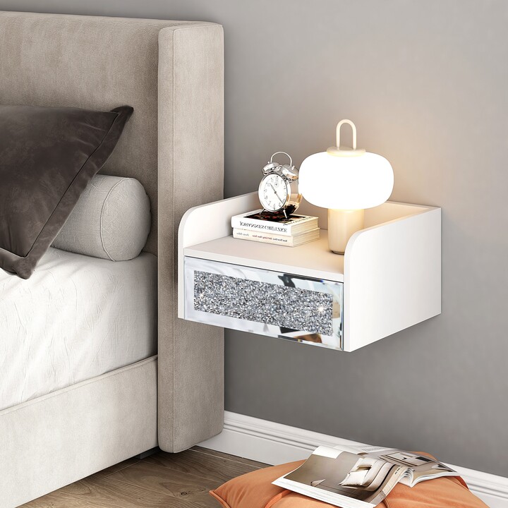SHYFOY Solid Wood Wall Shelf Nightstand with Mirror Diamond Drawer