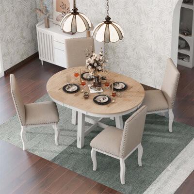 Lark Manor 5-Piece Extendable Farmhouse Dining Set With Round Table And Upholstered Chairs Perfect For Modern And Rustic Interiors