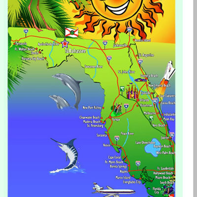 Longshore Tides Sunshine State Explorer: Florida Travel Map Cotton Velour Beach Towel 30x60