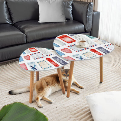 East Urban Home Triangle Nesting Coffee Table Set of 2 Big pack Postage theme various postal symbols striped frame End Table Modern Minimalist Side Table Set for Livi