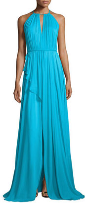 Badgley Mischka Sleeveless Shirred Silk Gown, Aqua