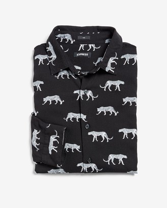 Express Slim Leopard Print Button-Up Dress Shirt