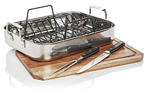 Viking 3-Ply Stainless Steel Roaster with Rack, 2-Piece Carving Set & Carving Board