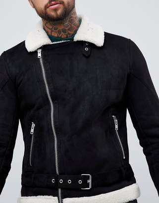 Bershka faux suede biker jacket in black