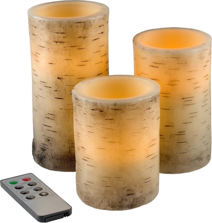 Flickering Flameless LED Candles with Birch Bark Set of 3with Remote