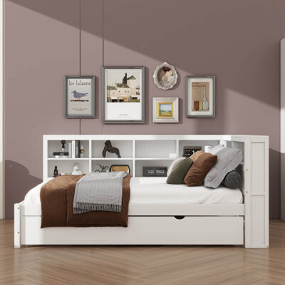 Latitude Run Full-Size Wooden Daybed With Trundle, Comes With Storage Shelf And USB Charging Ports