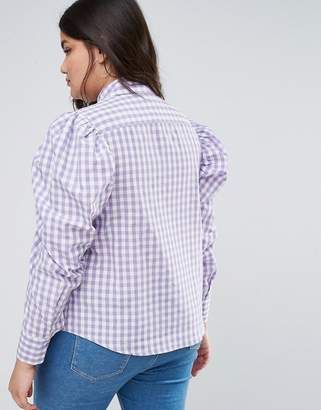 ASOS Curve Lilac Gingham Check Shirt With Exagerated Shoulder