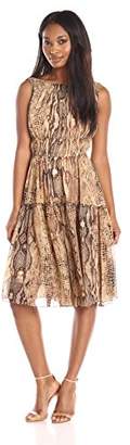Anne Klein Women's Printed Chiffon Sleeveless Dress with Tiered-Gathered Skirt
