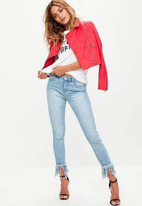 Missguided Blue Anarchy Mid Rise Fray Hem Skinny Jeans