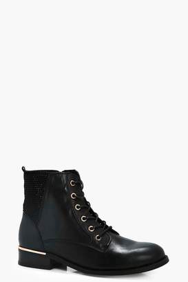 boohoo Zoe Diamante Trim Lace Up Ankle Boot
