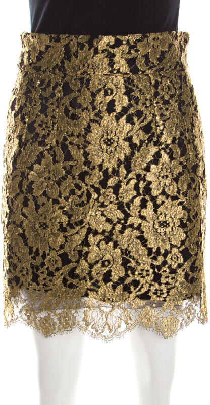 Dolce & Gabbana Metallic Gold Lace Overlay Scalloped Mini Skirt S ...