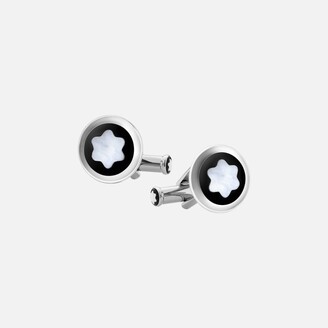 Montblanc Round Cufflinks In Stainless Steel With Black Pvd Inlay And Mother-of-pearl Snowcap Emblem