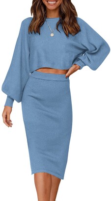 ZOWODO Women's Casual Two Piece Solid Color Ribbed Knit Long Sleeve Tops and Bodycon Midi Skirt Sweater Outfits Sets 