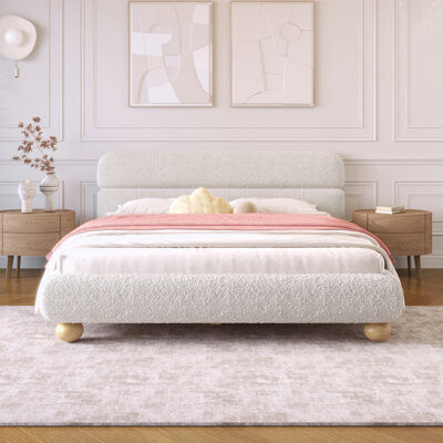 Mercer41 Curve-Shaped Design Queen Size Low Profile Upholstered Bed with Teddy Fleece Fabric and Solid Round Legs