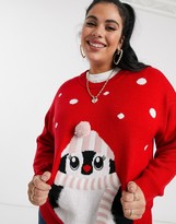 Thumbnail for your product : New Look Plus New Look Curve Penguin Christmas Jumper in Red