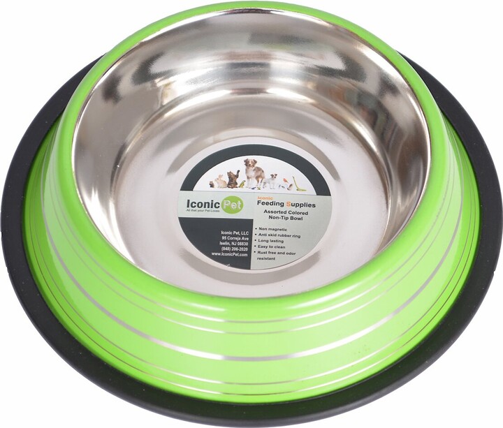 Iconic Pet Color Splash Stripe Non-Skid Stainless Steel Dog & Cat Bowl, Green, 24-oz