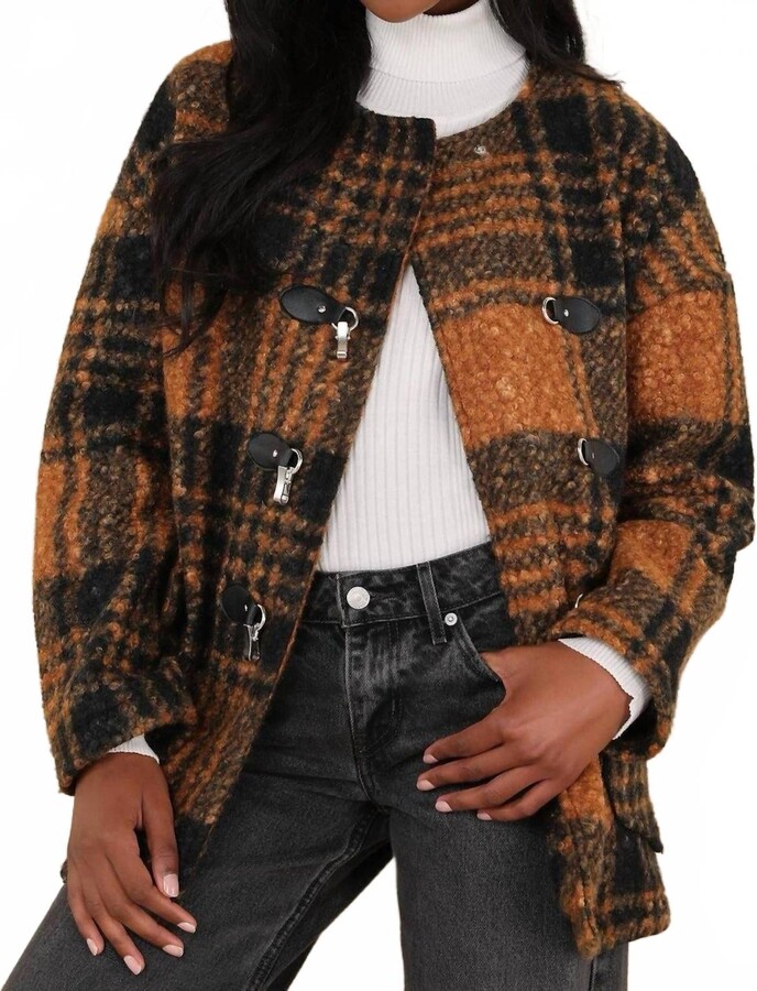 NATIVE YOUTH Boucle Toggle Checked Jacket In Brown