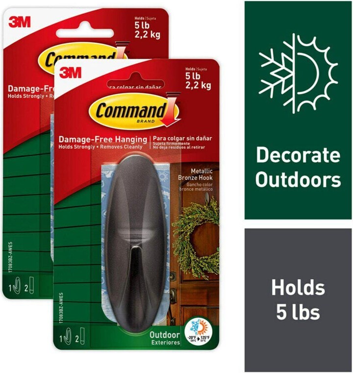 Command 5 lbs. Large Metallic Bronze Outdoor Designer Hook (2-Pack) (2 Hooks, 4 Water Resistant Strips)