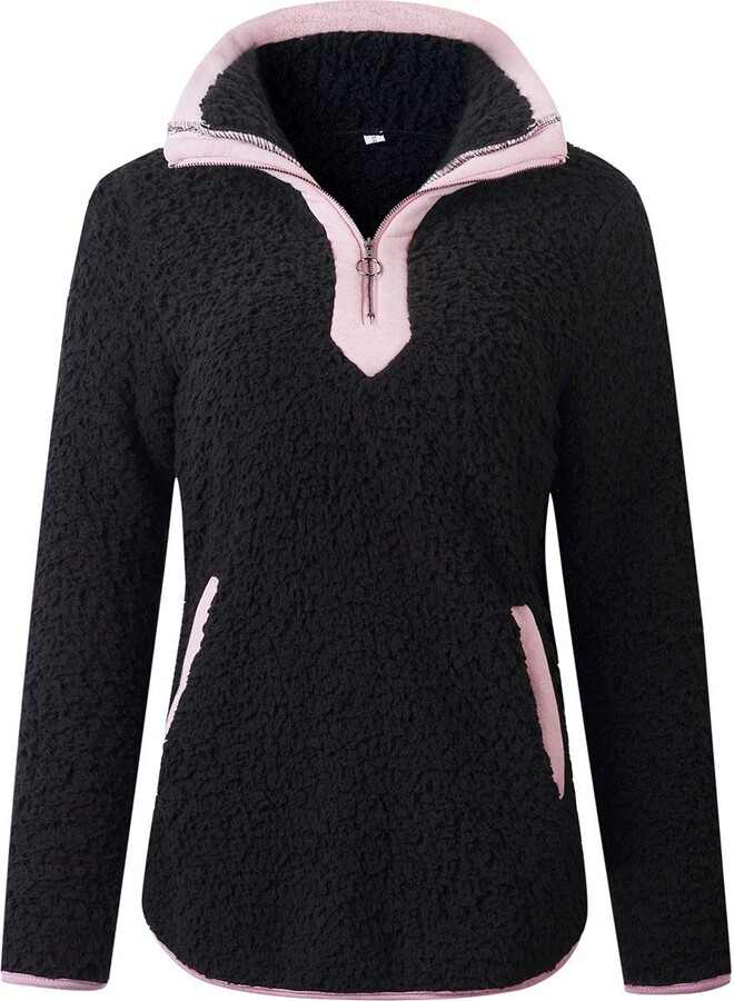 Les umes Womens Fuzzy Fleece Sweatshirts Half Zipper Fluffy Sherpa Pullover Outwear Coat Tops with Pockets 