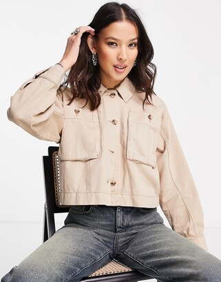 Topshop cropped lightweight shacket with front button pockets in stone -  ShopStyle Jackets