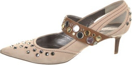 Bottega Veneta Suede Slingback Pumps Neutrals Leather Trim Studded, Cutout & Crystal Accents Pointed-Toes Mary Jane Strap & Buckle Closure At Uppers Includes Dust Bag