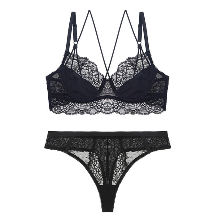 YUANCHNG Deep V Unlined Hollow Underwear Comfortable Floral lace Thongs Bras and Panty Set Black