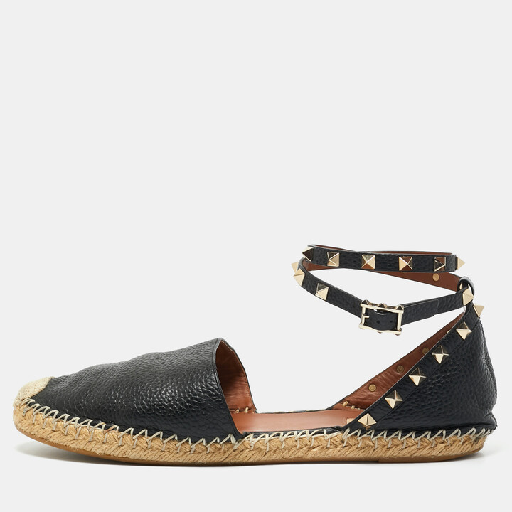 Valentino Black Leather Rockstud Espadrilles Ankle Strap Flats Size 41