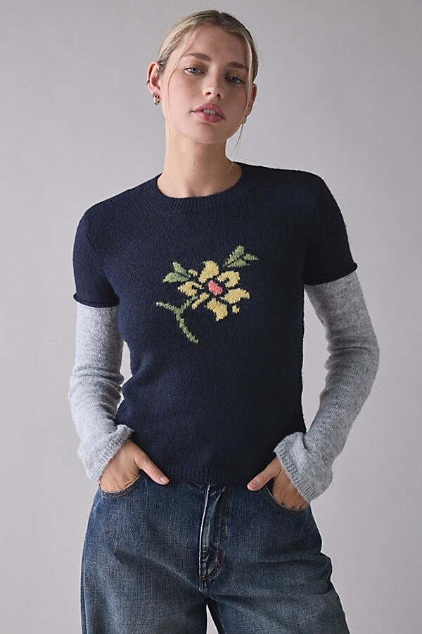 BDG Riley Graphic Long Sleeve Layered Sweater in Navy