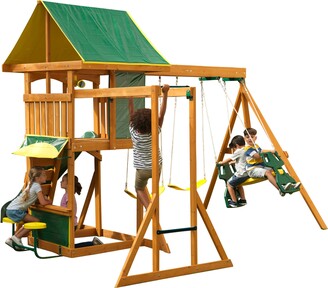 Kid Kraft Brookridge Wooden Fort Swing Set / Playset With Monkey Bars And Rock Wall