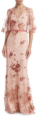 Marchesa Notte Floral Embroidery Cape-Sleeve Gown