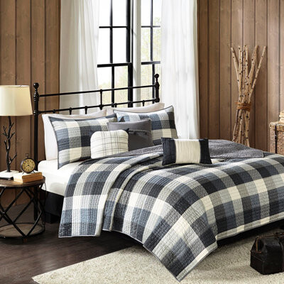 DuskDreams 6 Piece Herringbone Quilt, Buffalo Plaid Pattern, Embroidery On Decorative Shams And Pillows Design, Handmade