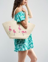 Thumbnail for your product : South Beach Embroidered Flamingo Straw Beach Bag