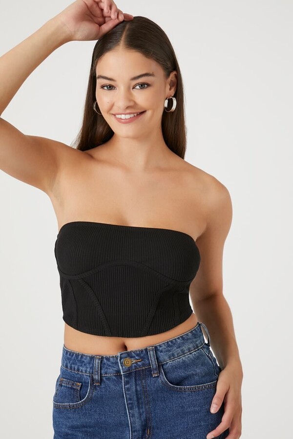 Forever 21 Women's Ribbed Knit Corset Tube Top in Black Small
