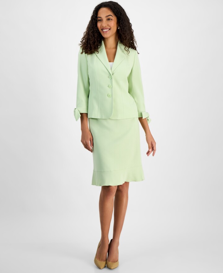 Le Suit Women's Three-Button Tie-Cuff Jacket & Flounce-Hem Skirt Set, Regular & Petite