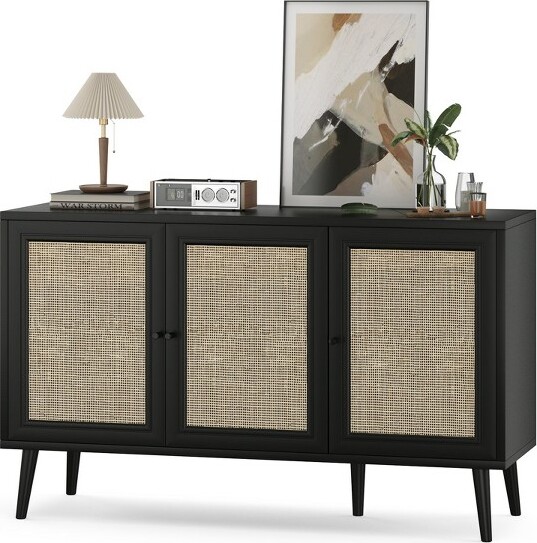 PexFixSideboardBuffetCabinetKitchenCabinetwith3RattanDoorsandAdjustableShelves