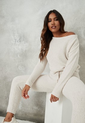Missguided Cream Fluffy Knit Off The Shoulder Jumper