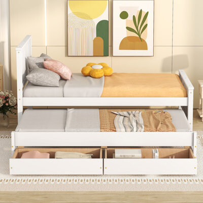 Lark Manor Twin Size Bed With Trundle And Drawers - Elegant Comfortable For A Stylish Bedroom In Crafted From Solid Pine, Creates Interior