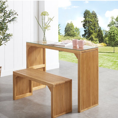 Natural Pine Dining Table & Bench Set - Tempered Glass Top | Indoor Furniture for Living/Kitchen