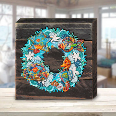 Dovecove Aramis Coastal Wreath Wooden Block Freestanding Or Hanging Decorative Plaque