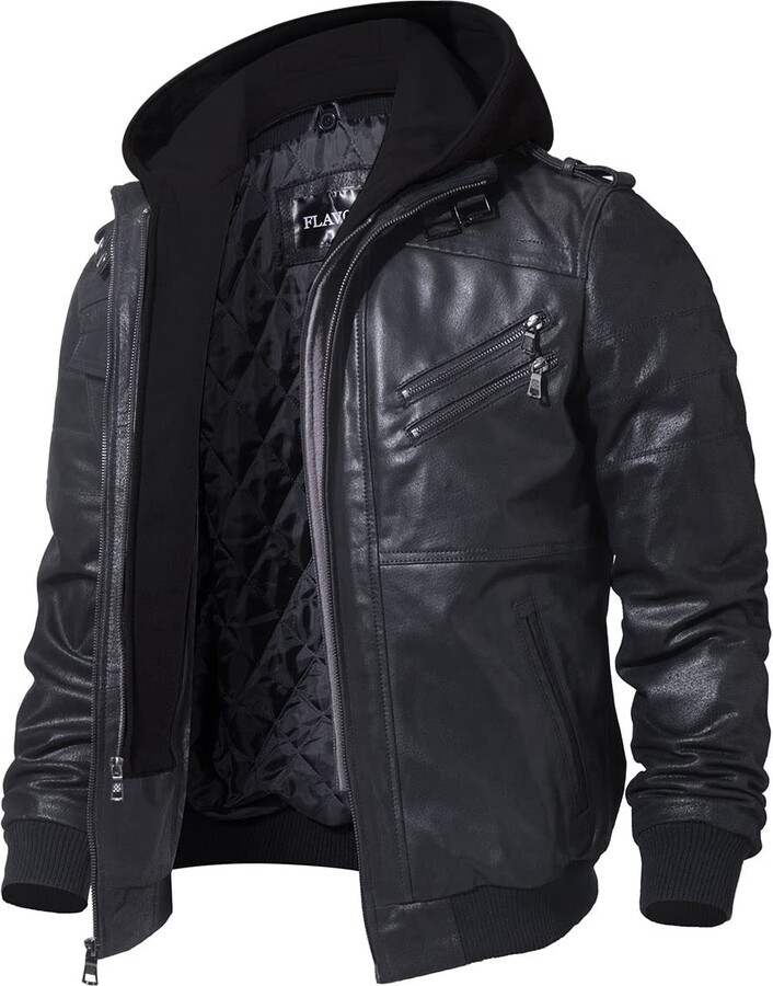 FLAVOR Men's Real Leather Jacket with Removable Hood Brown Genuine