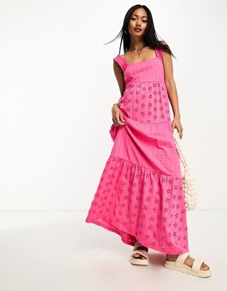 ASOS DESIGN denim square neck dress with full skirt in pink