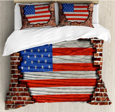 Ambesonne Red/Blue/Brown Microfiber Country/Cottage 3 Piece Duvet Cover Set