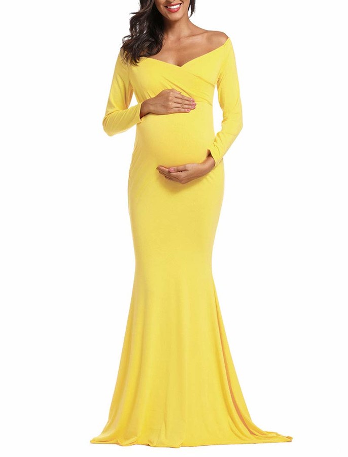 yellow off the shoulder maternity dress